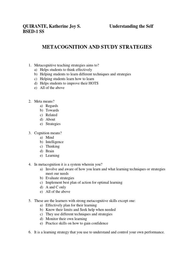 Metacognition in Study Strategies | PDF | Metacognition | Learning
