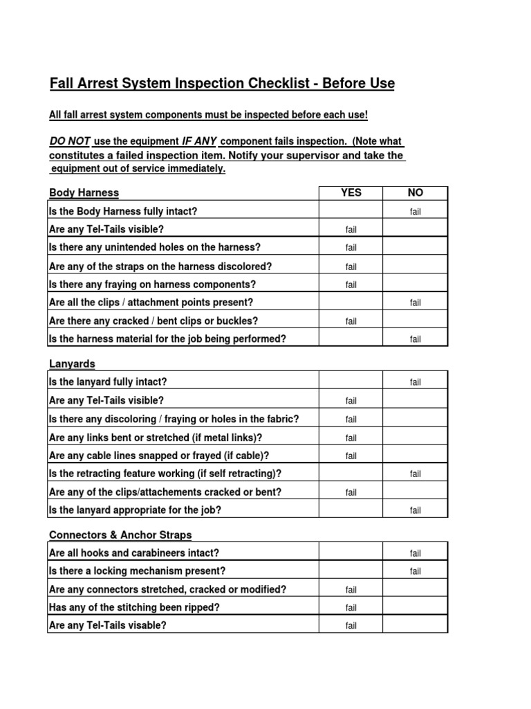 Fall Arrest Pre Use Checklist Sample 05 Pdf