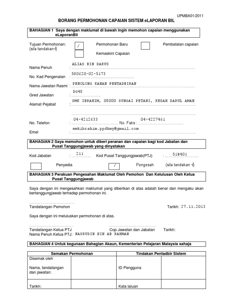 Borang Permohonan Capaian Sistem Elaporan Bil Pdf