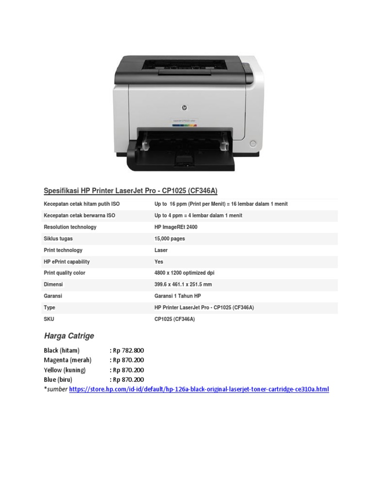 Spesifikasi HP LaserJet Pro CP1025 | PDF | Printer (Komputasi ...