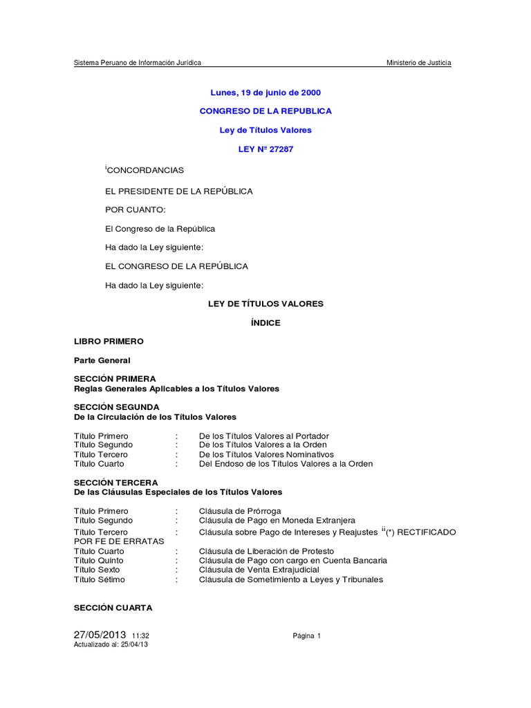 LEY 27287 (Ley de Títulos Valores) PDF Cheque Ley de