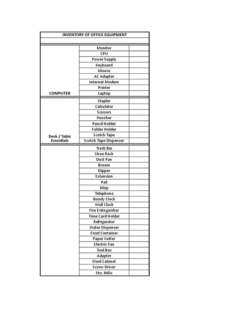 Inventory and Equipment List for a Typical Office Including Computers