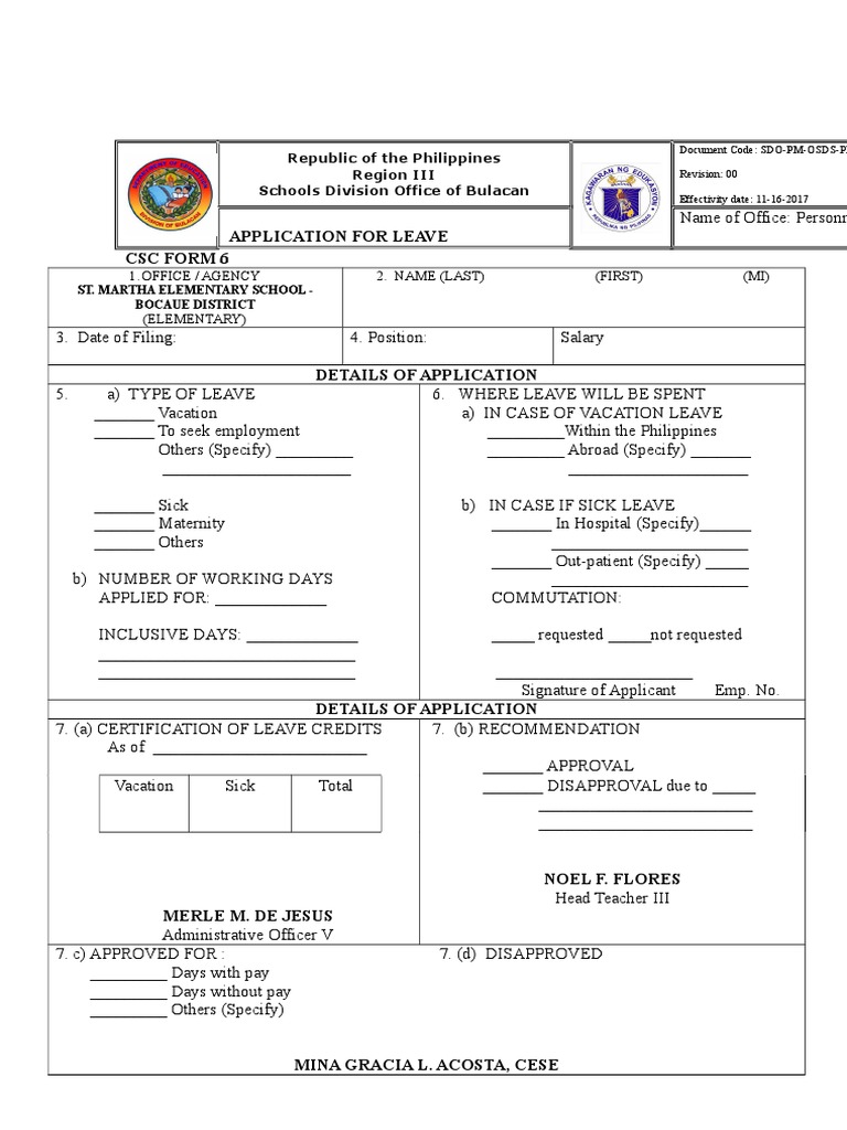 Application For Leave CSC Form 6 | Download Free PDF | Government ...