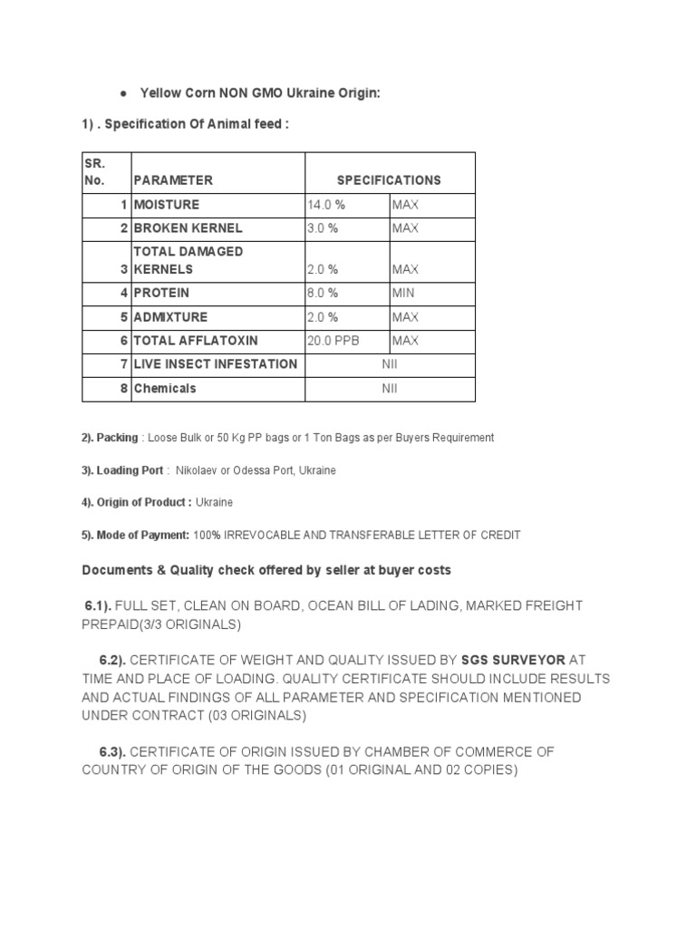 Yellow Corn Specifications for Animal Feed | PDF | Nature