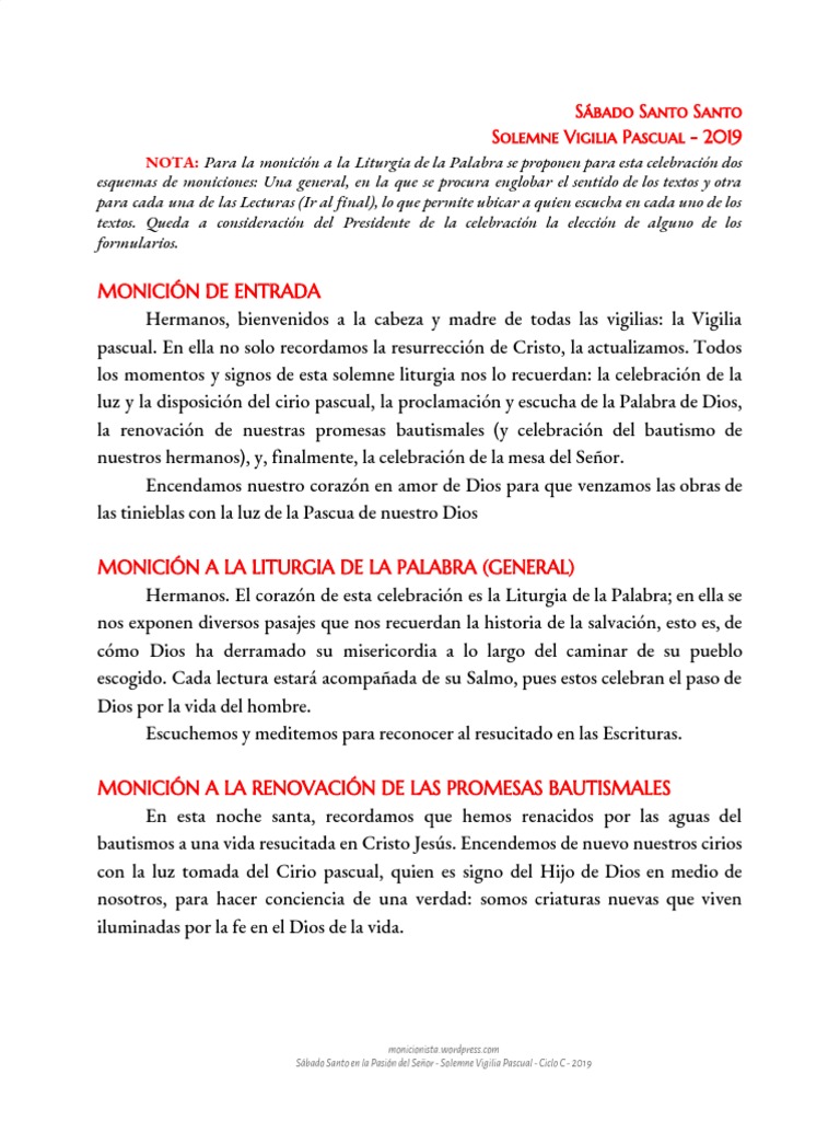 Sábado Santo Moniciones Vigilia Pascual 2019 PDF Misa (liturgia