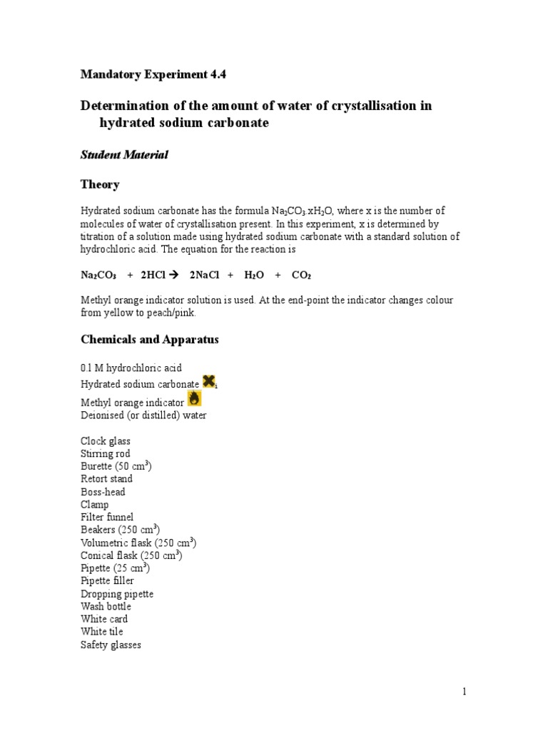 Determination Of The Amount Of Water Of Crystallisation In Hydrated Sodium Carbonate Sodium Carbonate Titration