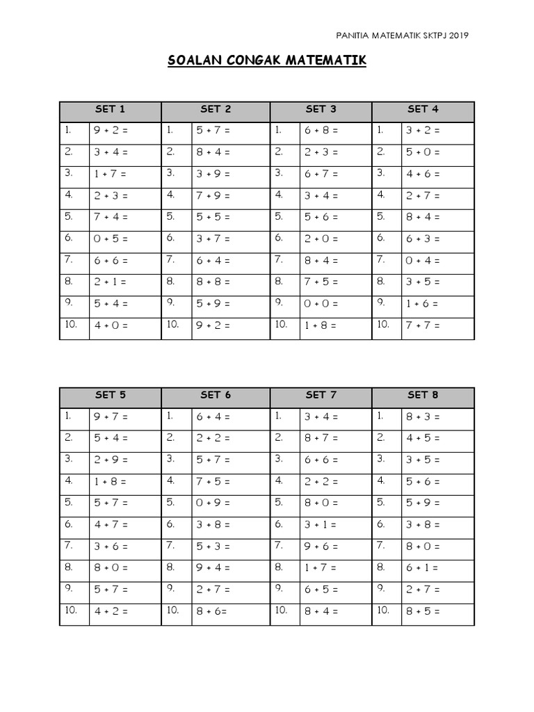 Soalan Congak Matematik 2019 | PDF