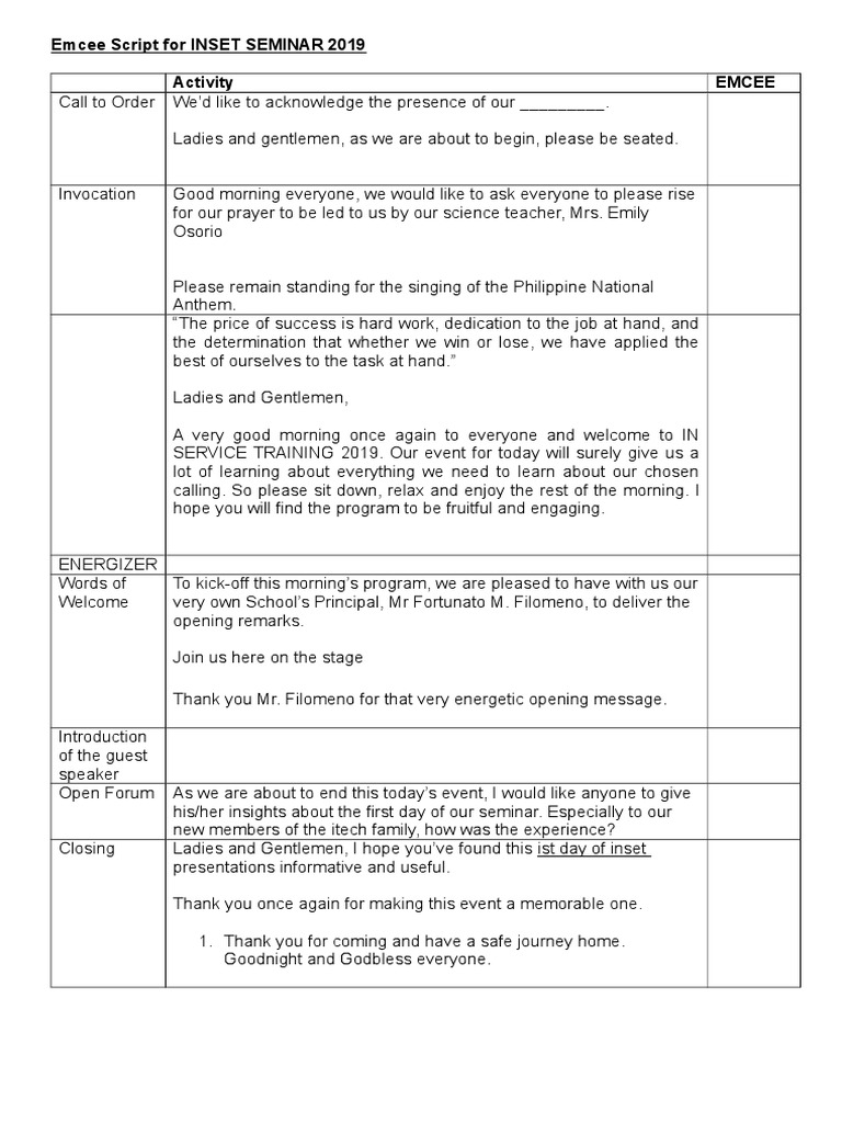 Script Of Master Of Ceremony In A Seminar Best Mc Script