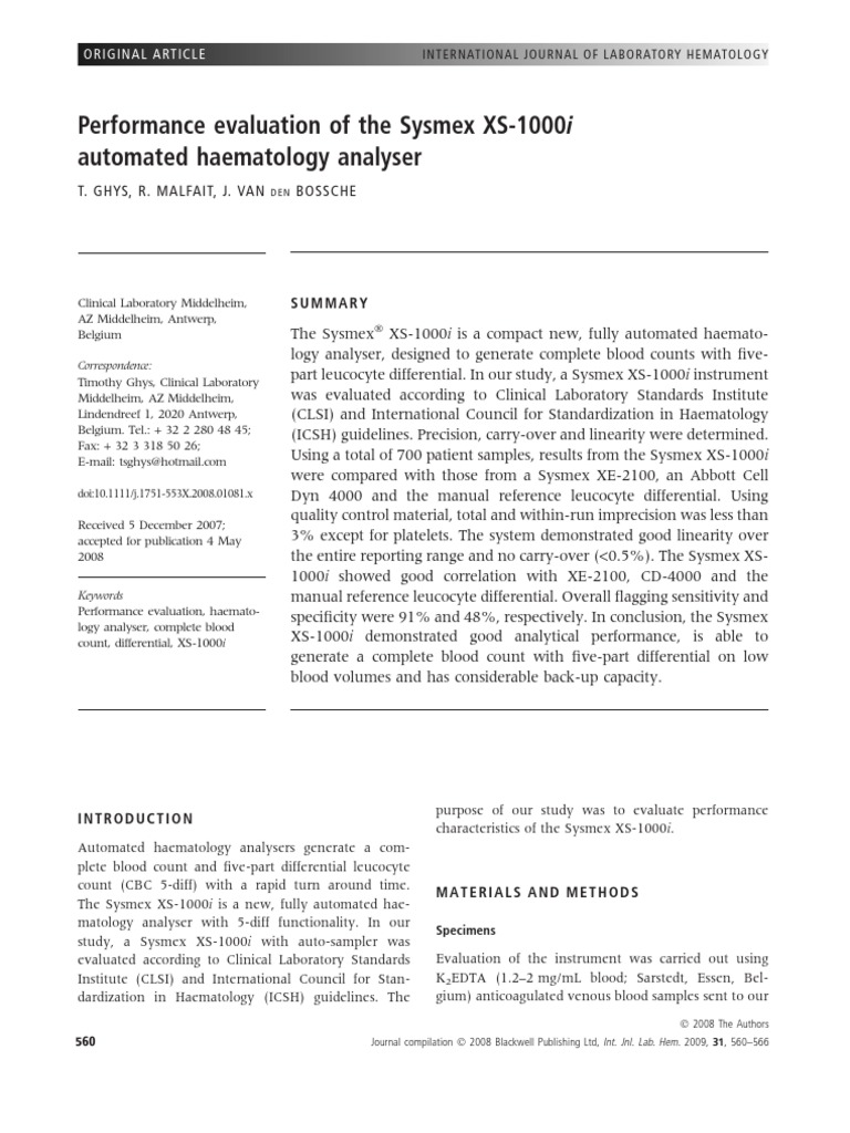 Performance Evaluation of The Sysmex XS PDF | PDF | Clinical Pathology ...