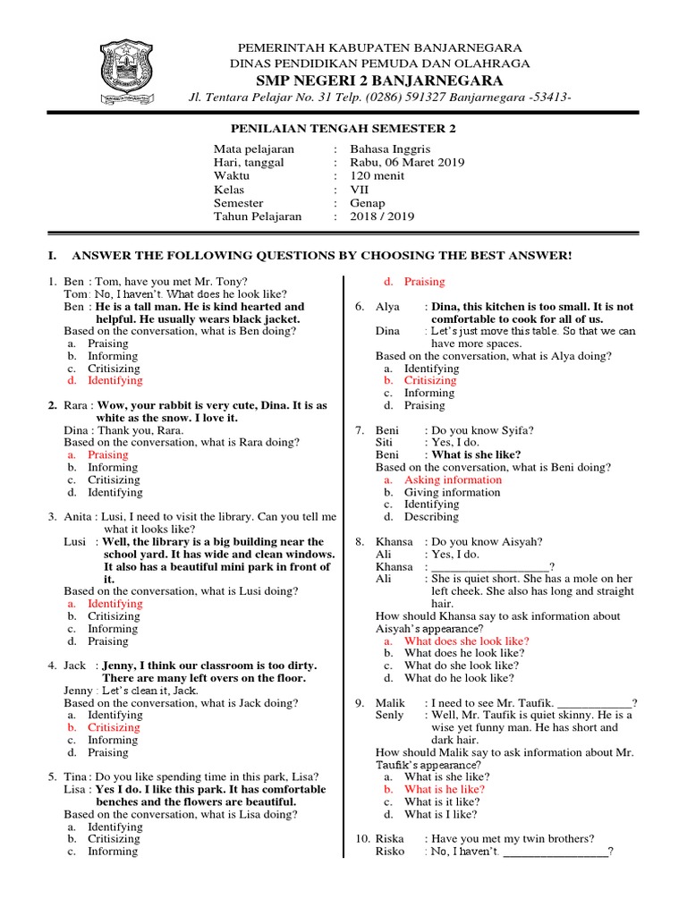 Soal Pts Bahasa Inggris Kelas 7 Kurikulum 2013 Revisi