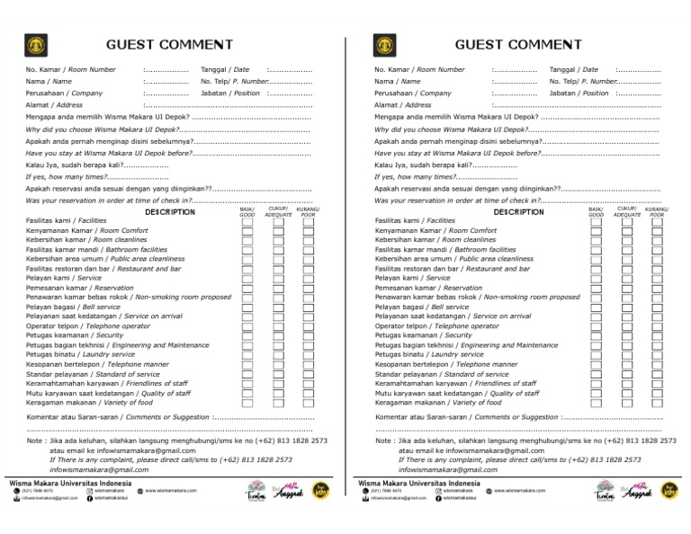 Guest Comment Card for Wisma Makara | PDF | Business