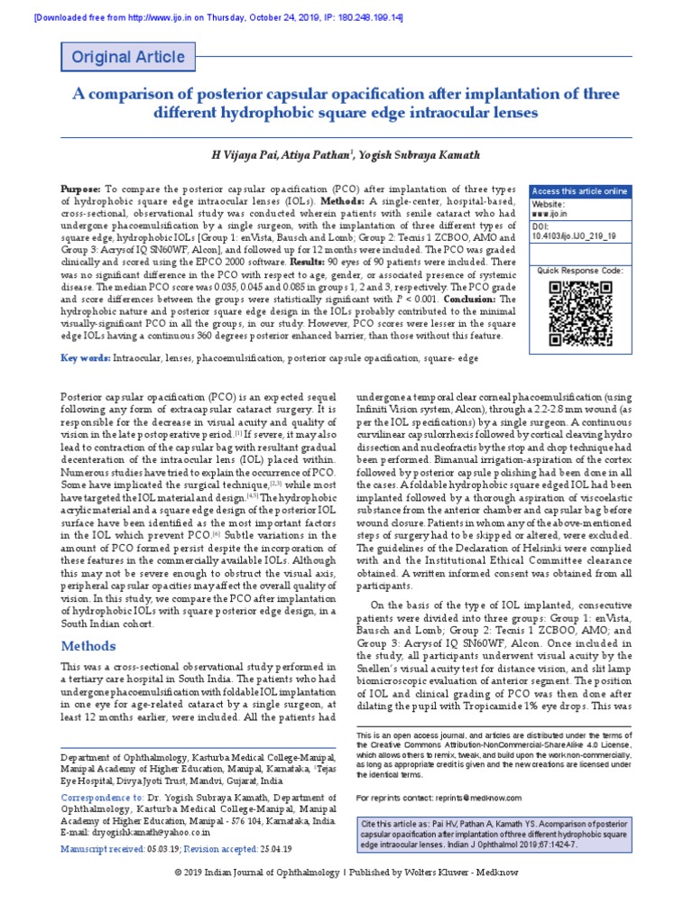 A Comparison of Posterior Capsular Opacification After Implantation of