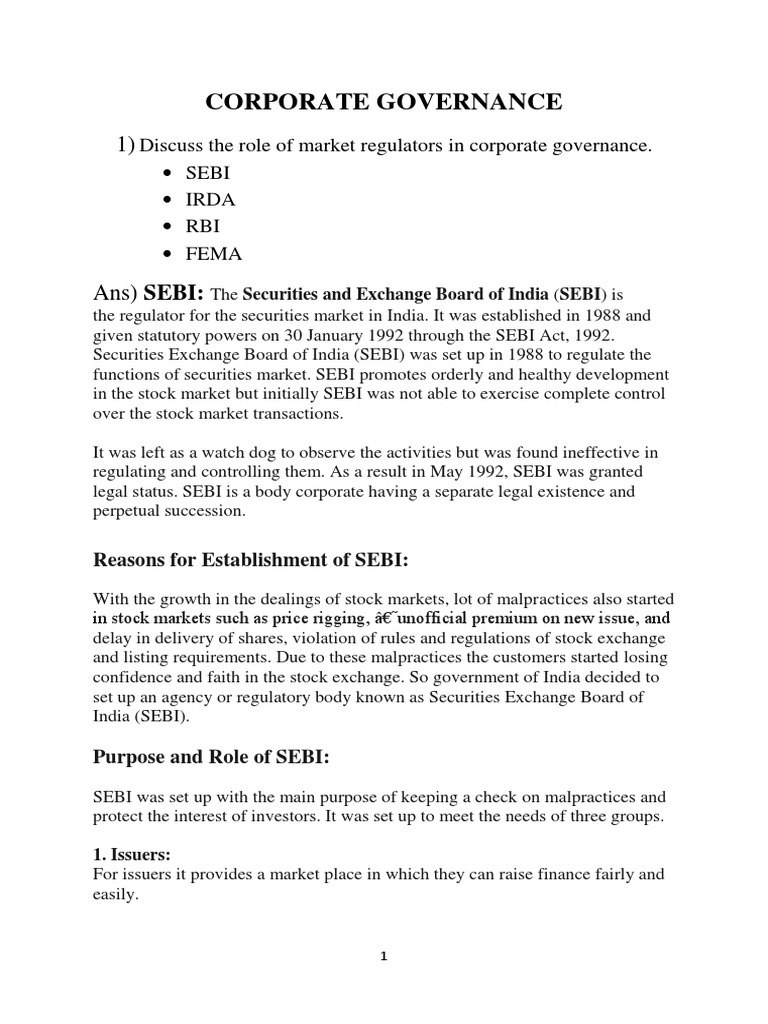 Corporate Governance Discuss The Role of Market Regulators in Corporate Governance. Sebi Irda