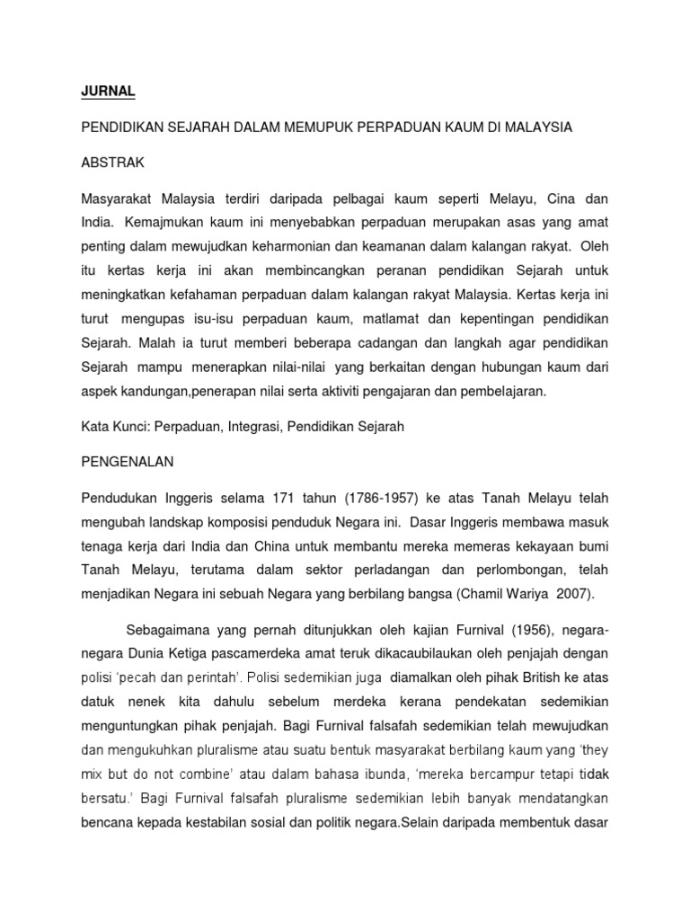Jurnal Pendidikan Sejarah Dalam Memupuk Perpaduan Kaum Di Malaysia Pdf