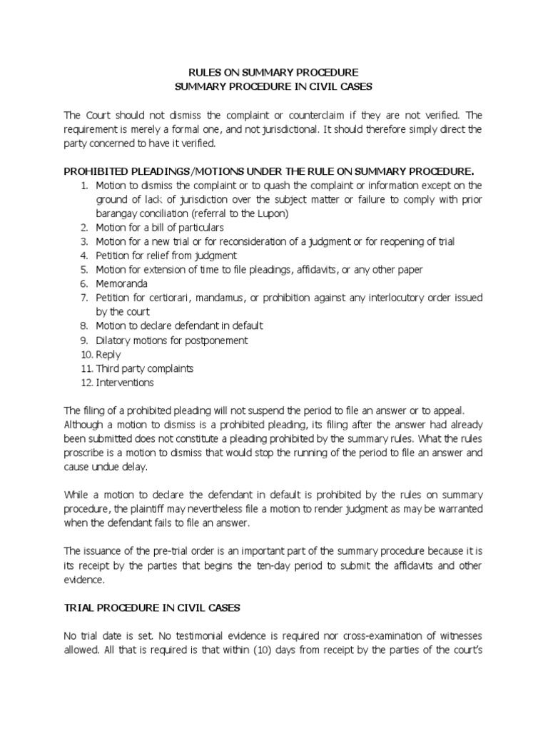 Prohibited Pleadings in Summary Procedure | PDF | Summary Judgment ...