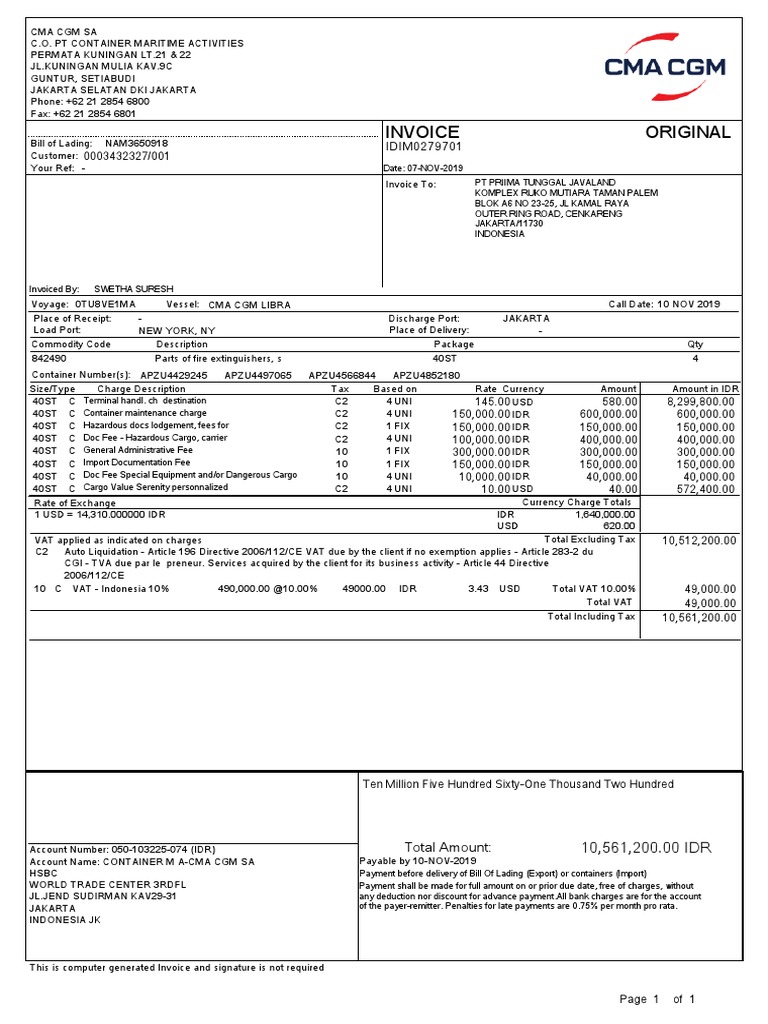 CMA CGM Invoice and Charges Summary | PDF | Indonesian Rupiah | Value ...