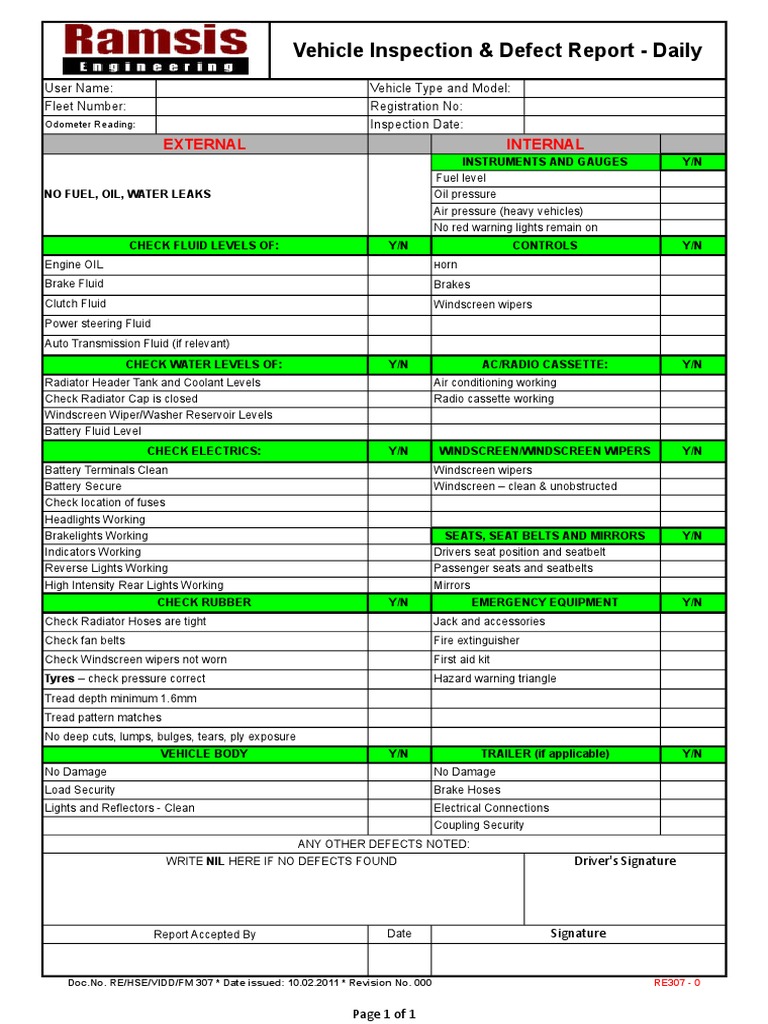 Daily Vehicle Inspection Report Template | PDF | Vehicles | Seat Belt