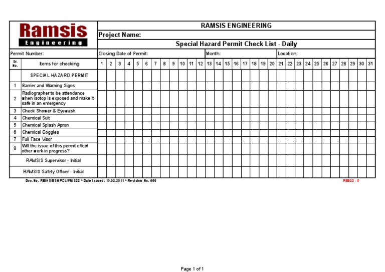 322-Special Hazard Permit Check List - Daily Rev 000 | PDF