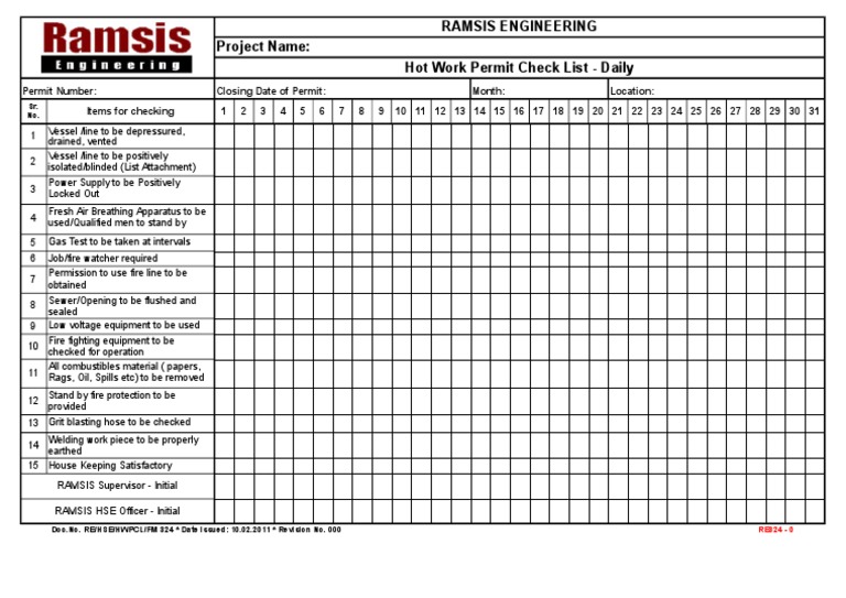 Daily Hot Work Permit Checklist | PDF