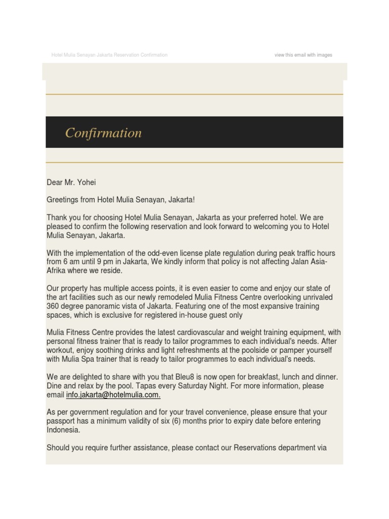 Hotel Mulia Senayan Jakarta Reservation Confirmation | PDF | Jakarta ...