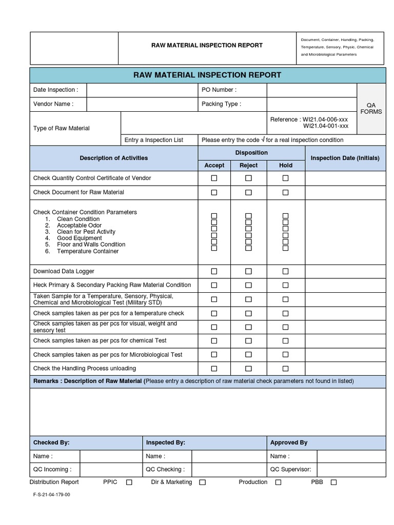 Raw Material Inspection Report  PDF  Nature Intended For Pest Control Inspection Report Template