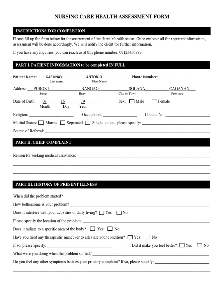 Nursing Care Health Assessment Form | PDF | Sleep | Pain