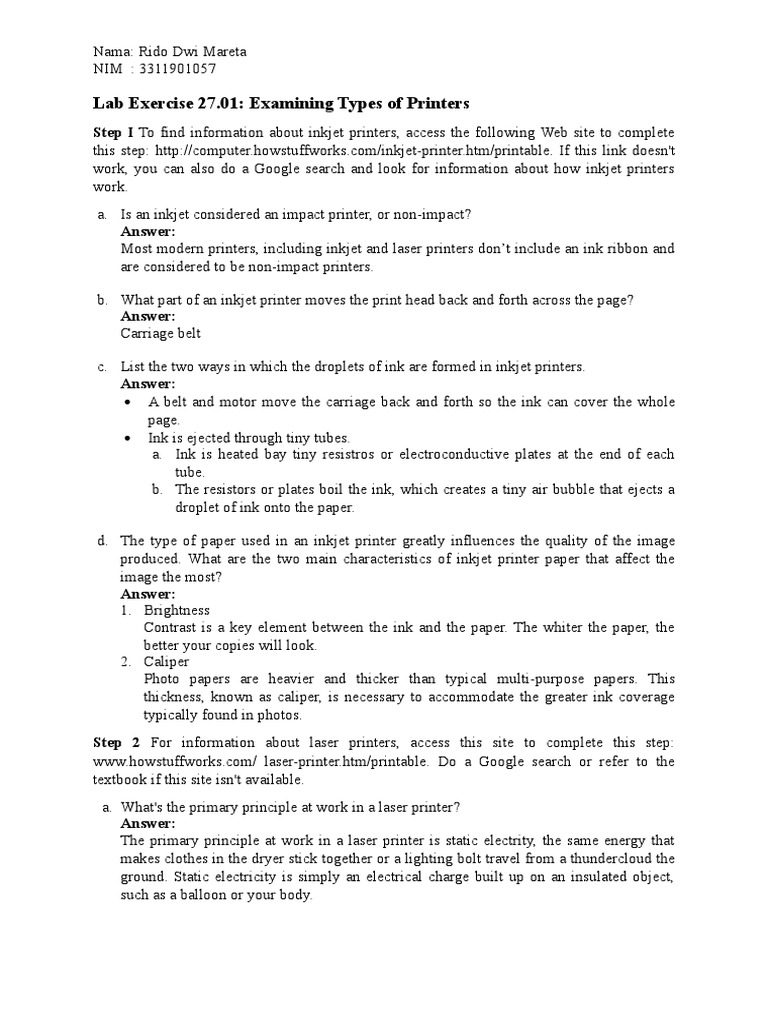 Lab Exercise 27.01: Examining Types of Printers | PDF | Printer ...