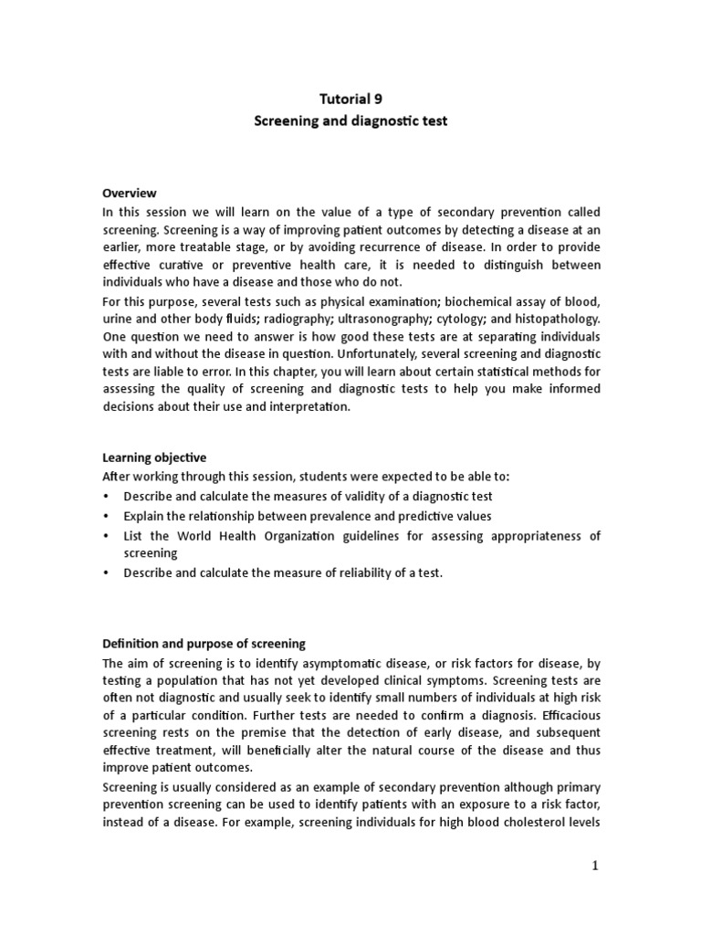 Screening and Diagnostic Test Essentials | PDF | Sensitivity And ...