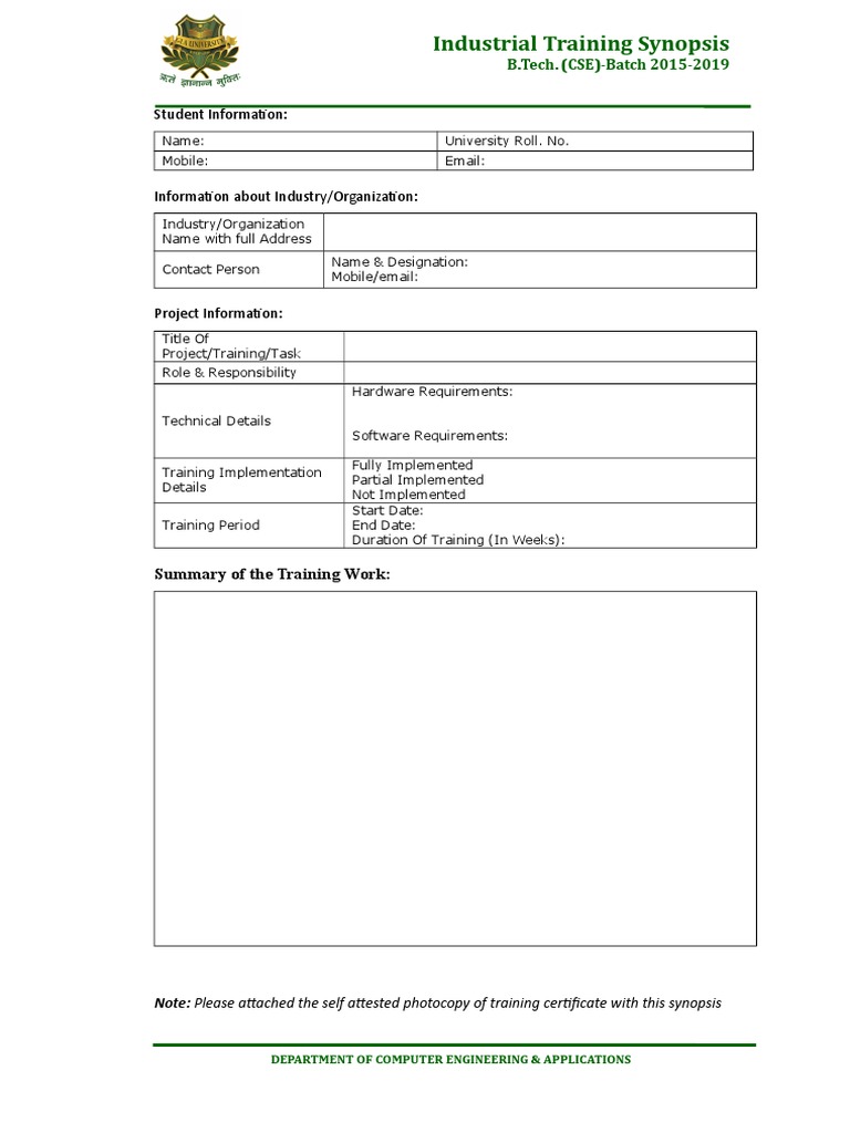 B.Tech CSE Industrial Training Synopsis | PDF