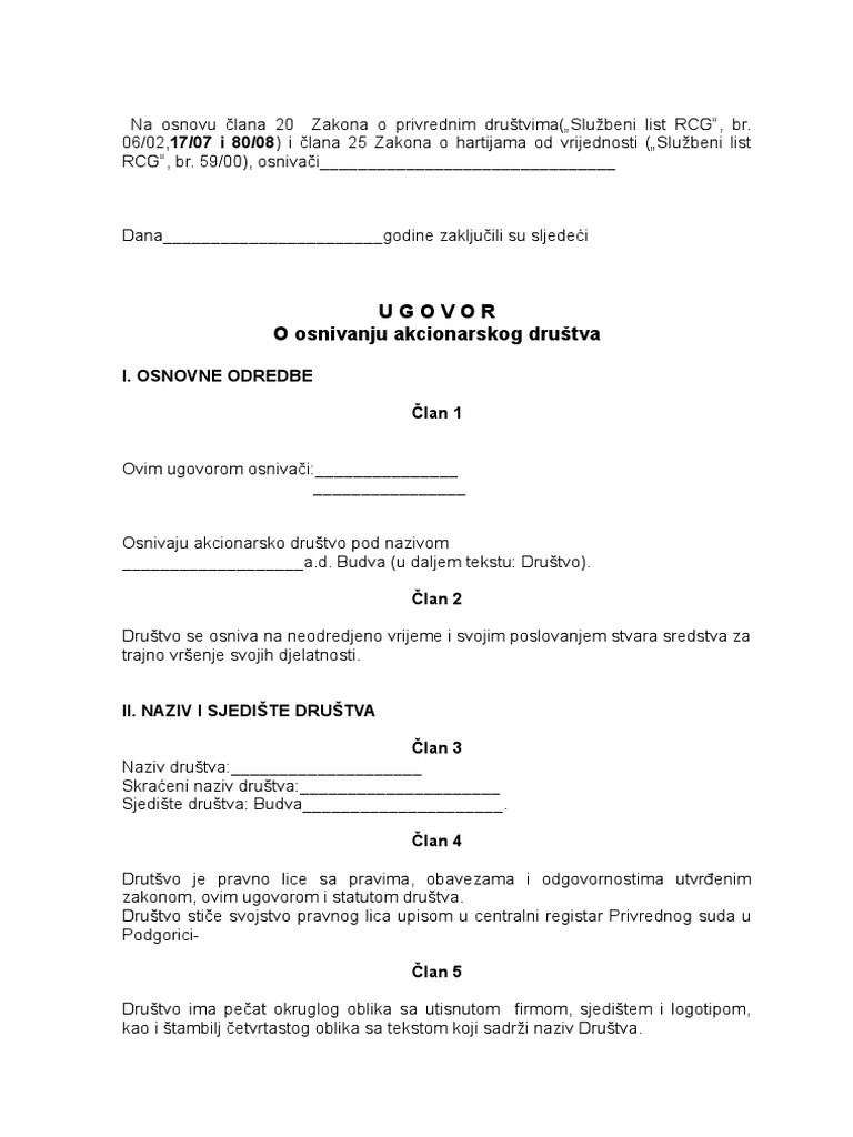 Ugovor o Osnivanju Akcionarskog Drustva | PDF