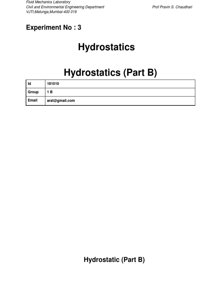 Hydrostatics Hydrostatics (Part B) : Experiment No: 3 | PDF | Buoyancy ...