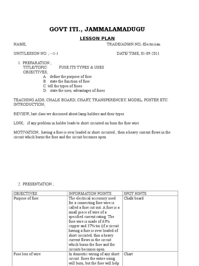 Lesson Plan | PDF | Fuse (Electrical) | Electricity
