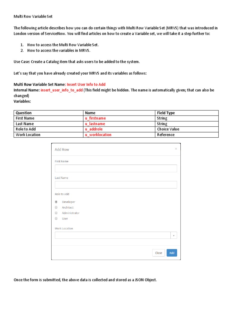 Multi Row Variable Set PDF Json Data
