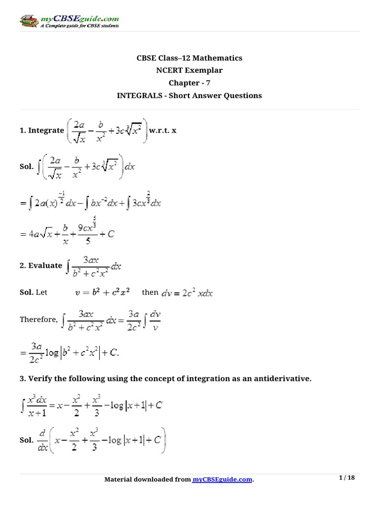 Cbse Class 12 Maths Chapter 7 Exempler Solved | PDF | Integral ...