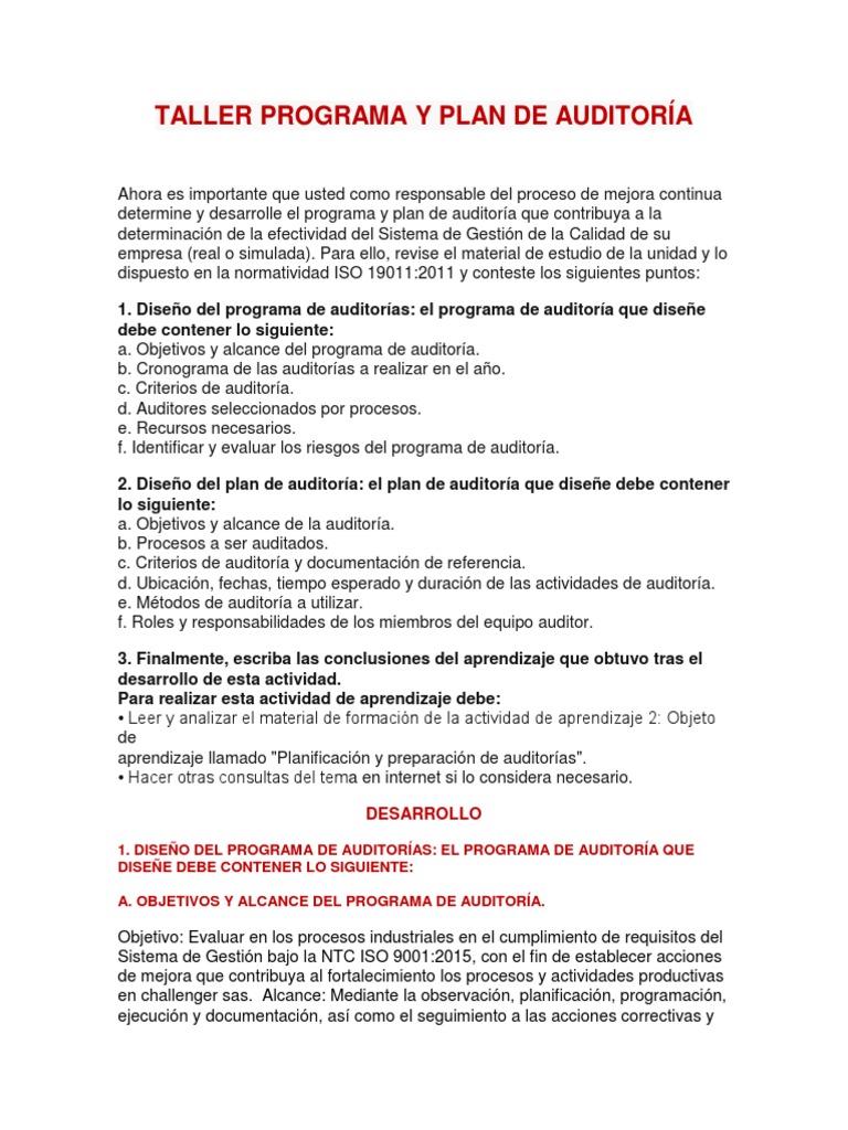 Programa y Plan de Auditoría ISO 9001 | PDF | Auditoría | Sistema de ...