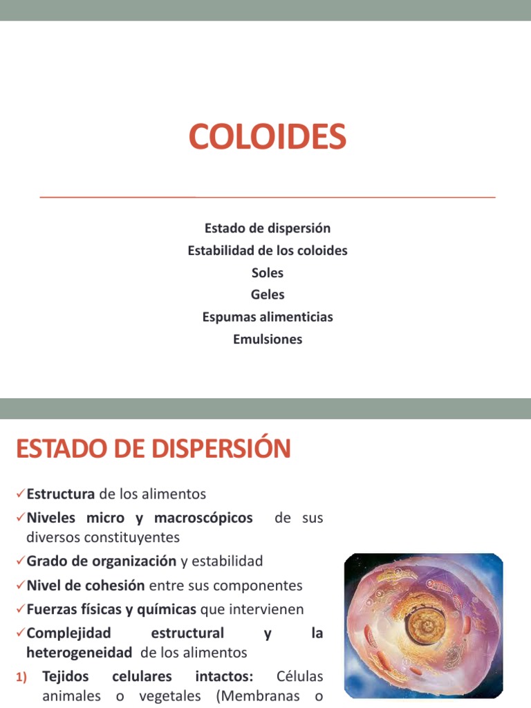 Coloides: Estado de dispersión Estabilidad de los coloides Soles Geles ...