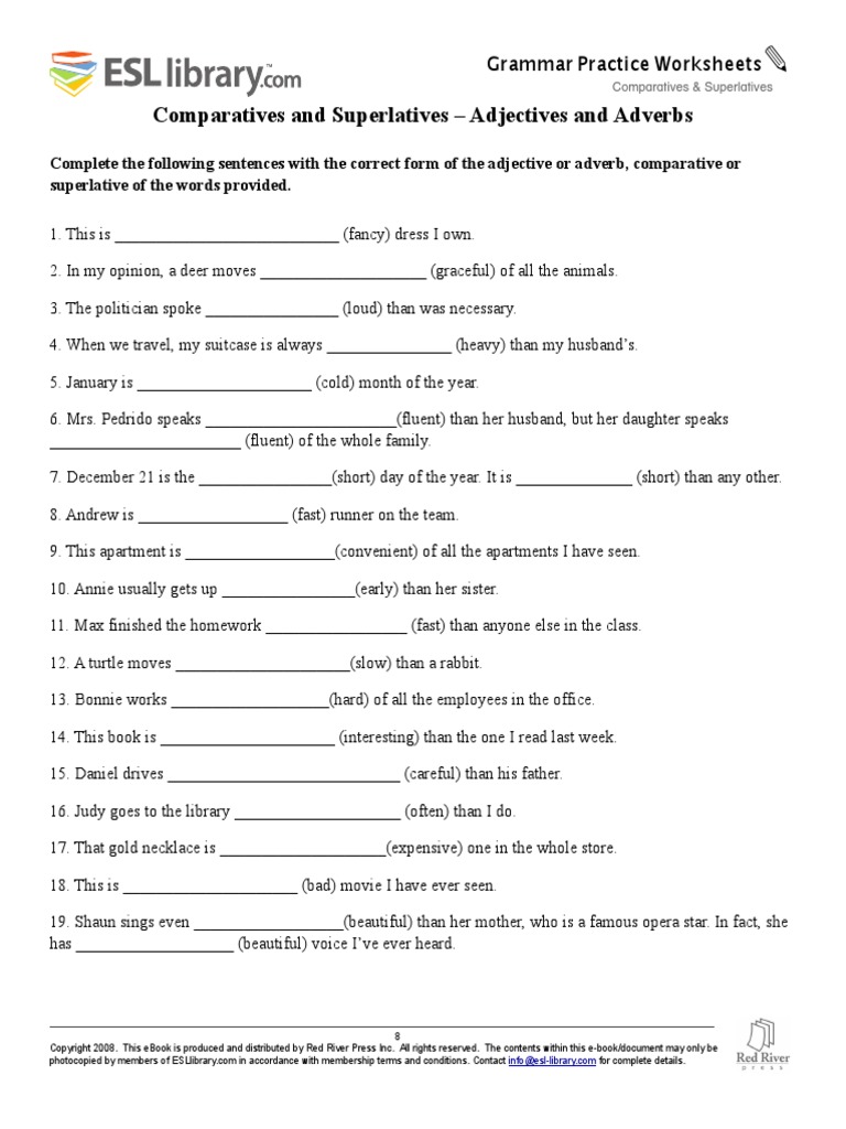 Comparatives Superlatives Worksheet With Answers 8 Pdf Adverb E Books
