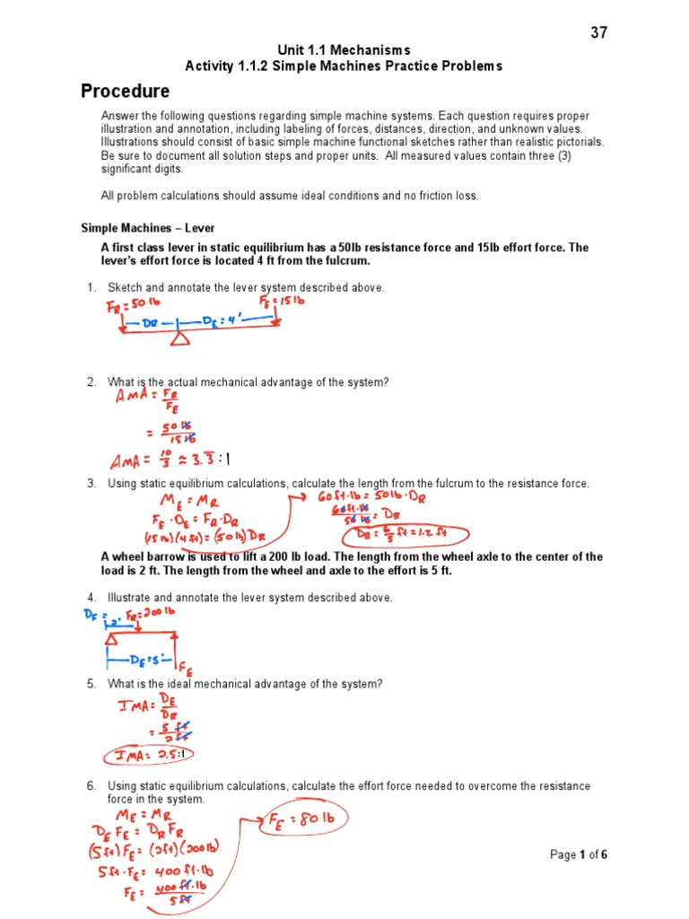 Activity 1.1.2 Simple Machine Practice Problems Key | PDF | Lever | Machines