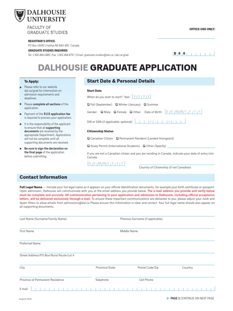 Dalhousie Graduate Application PDF Postgraduate Education