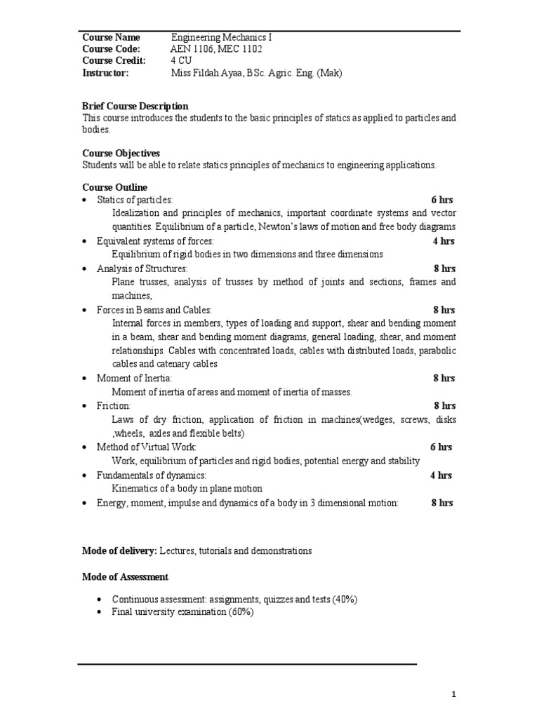 Summarized Notes of Engineering Mechanics One | PDF | Force | Bending