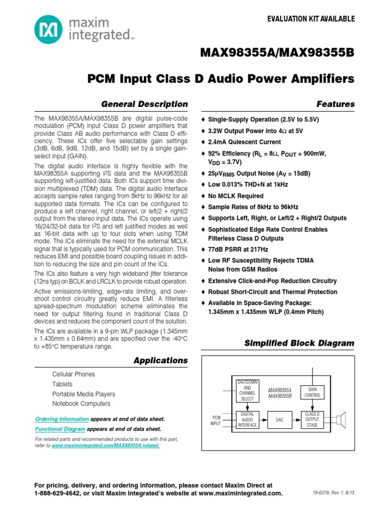 MAX98355A/MAX98355B PCM Input Class D Audio Power Amplifiers | PDF ...