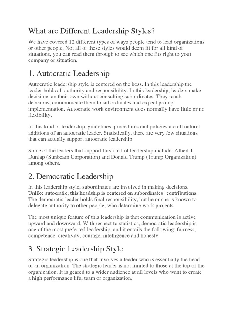 Overview of 12 Leadership Styles | PDF | Transformational Leadership ...