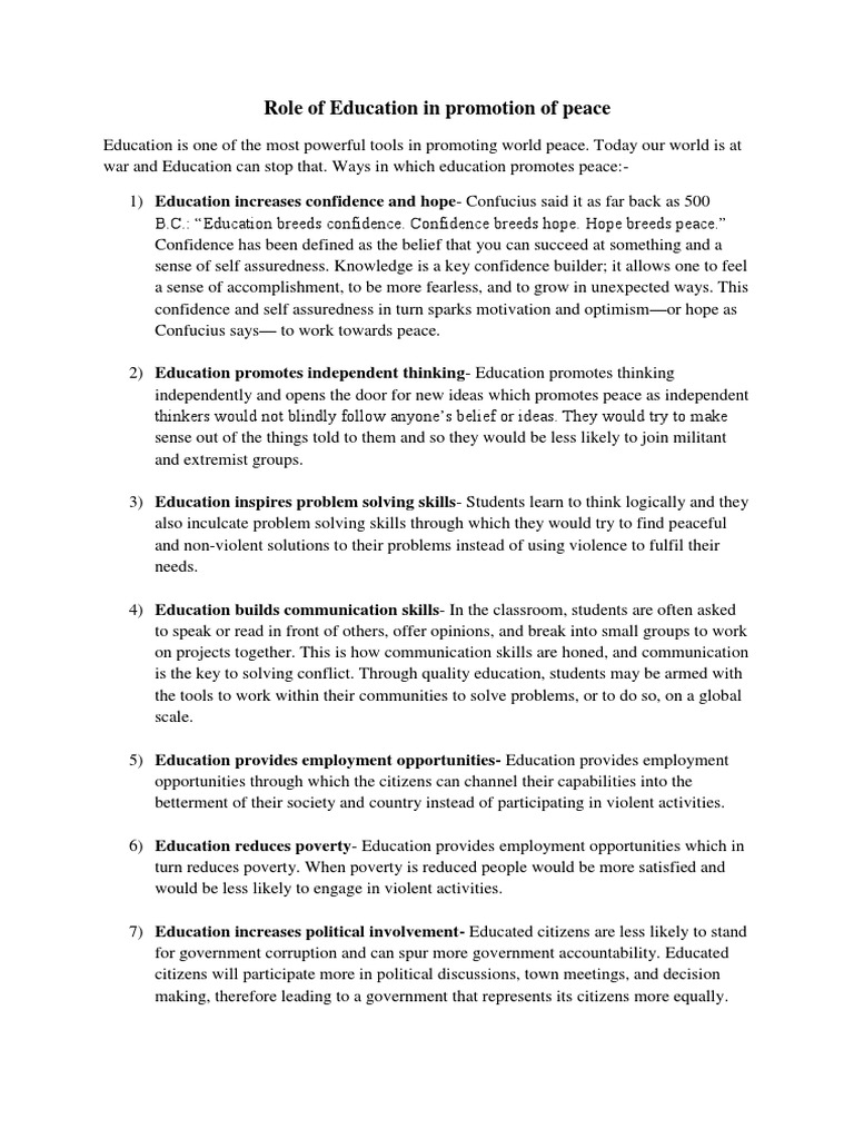 Role of Education in Promotion of Peace | PDF | Peace | Social Justice
