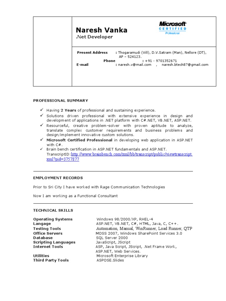 Naresh Vanka: .NET Developer Profile | PDF | Java Script | C Sharp ...