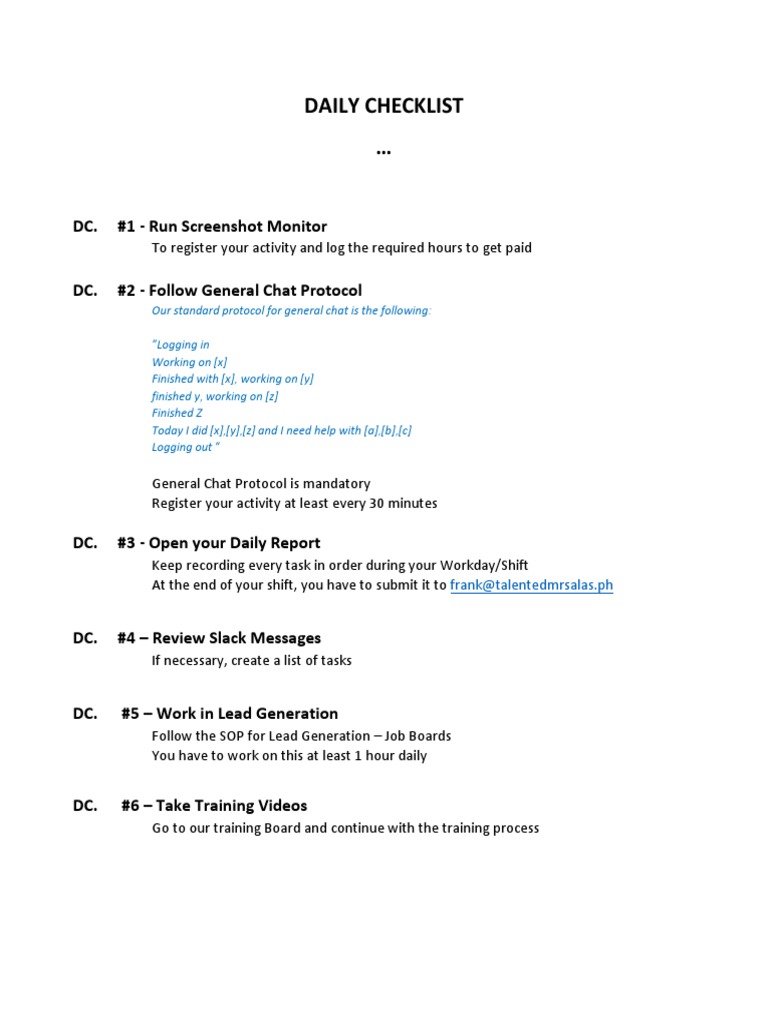 Daily Work Checklist for Productivity | PDF | Computers