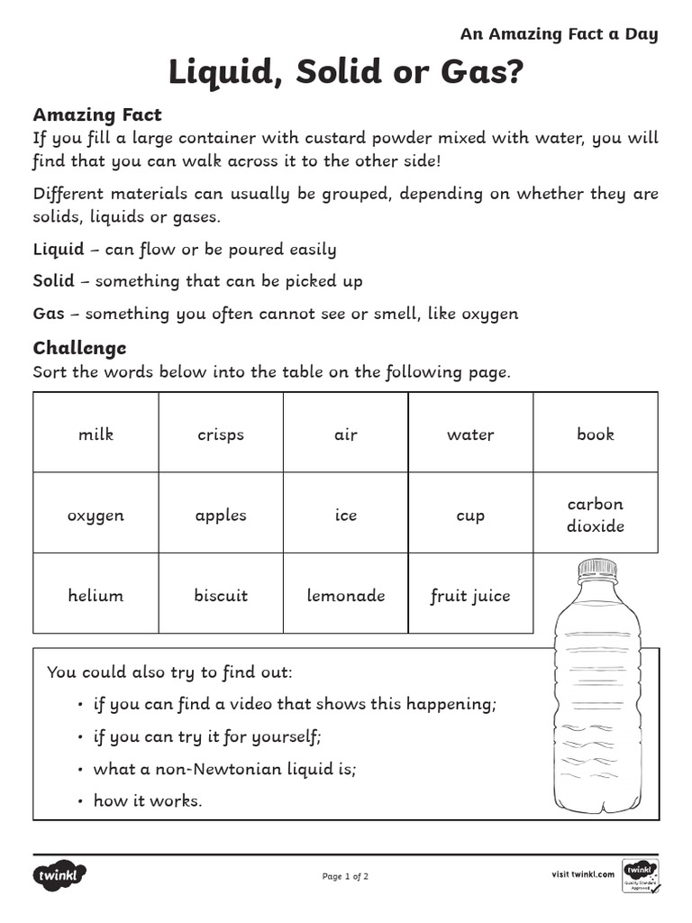 Solid Liquid or Gas Activity Sheet PDF Liquids Solid
