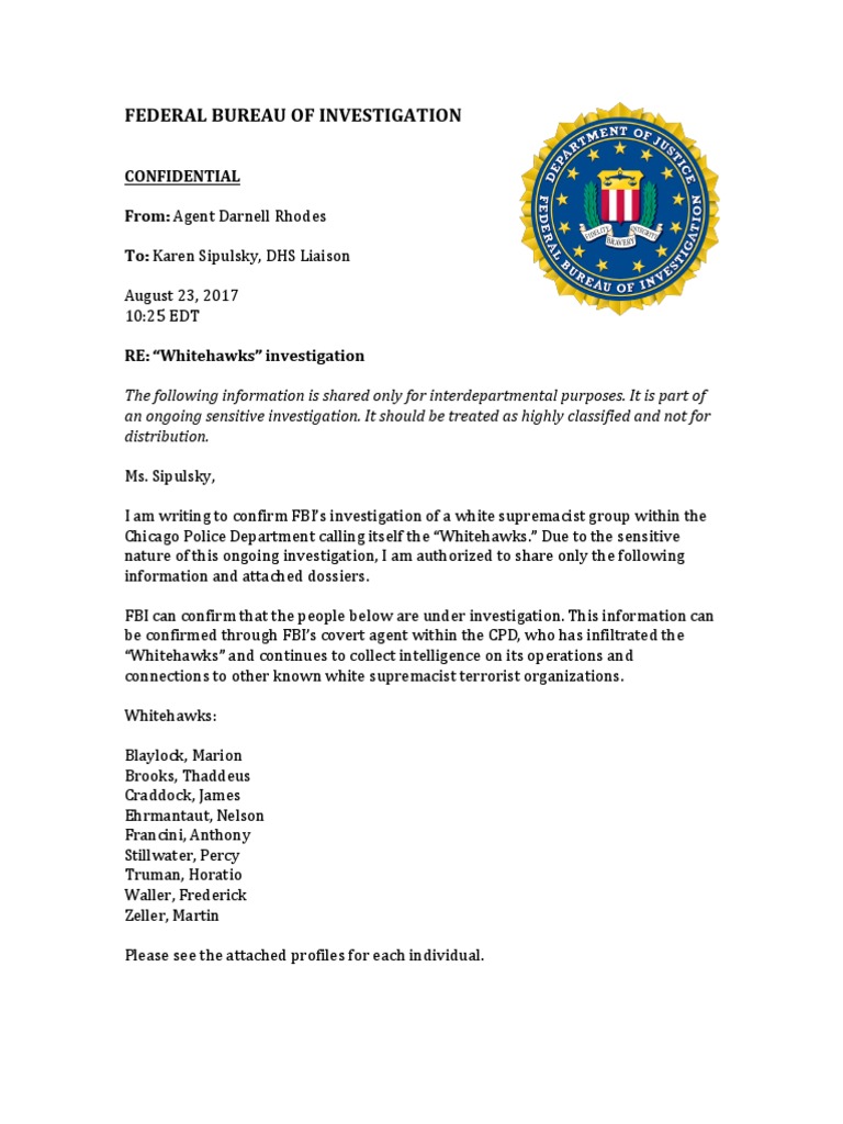 Federal Bureau of Investigation: Confidential From: Agent Darnell ...