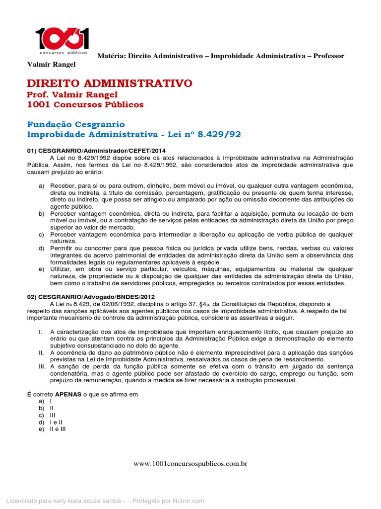Improbidade Administrativa: Questões e Gabarito | PDF | Administração ...