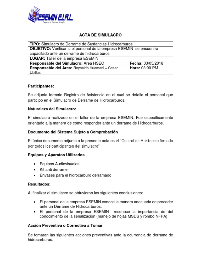 Simulacro de Derrame de Hidrocarburos ESEMIN | PDF | Business
