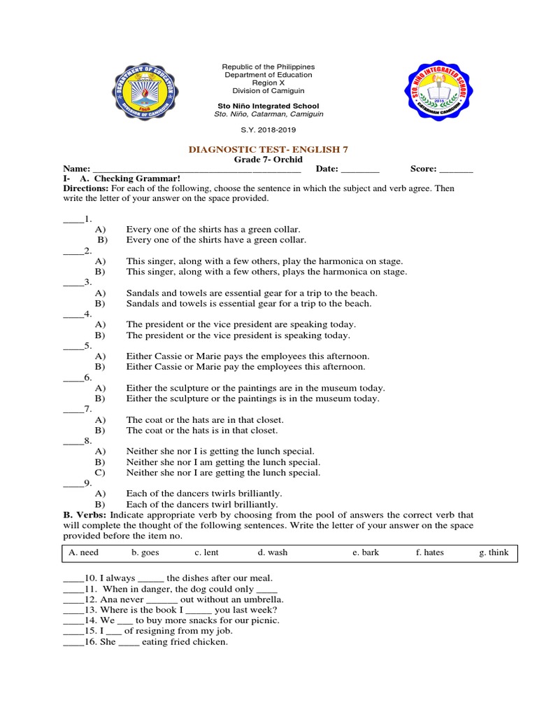 Grade 7 English Diagnostic Test | PDF | Question | Linguistics
